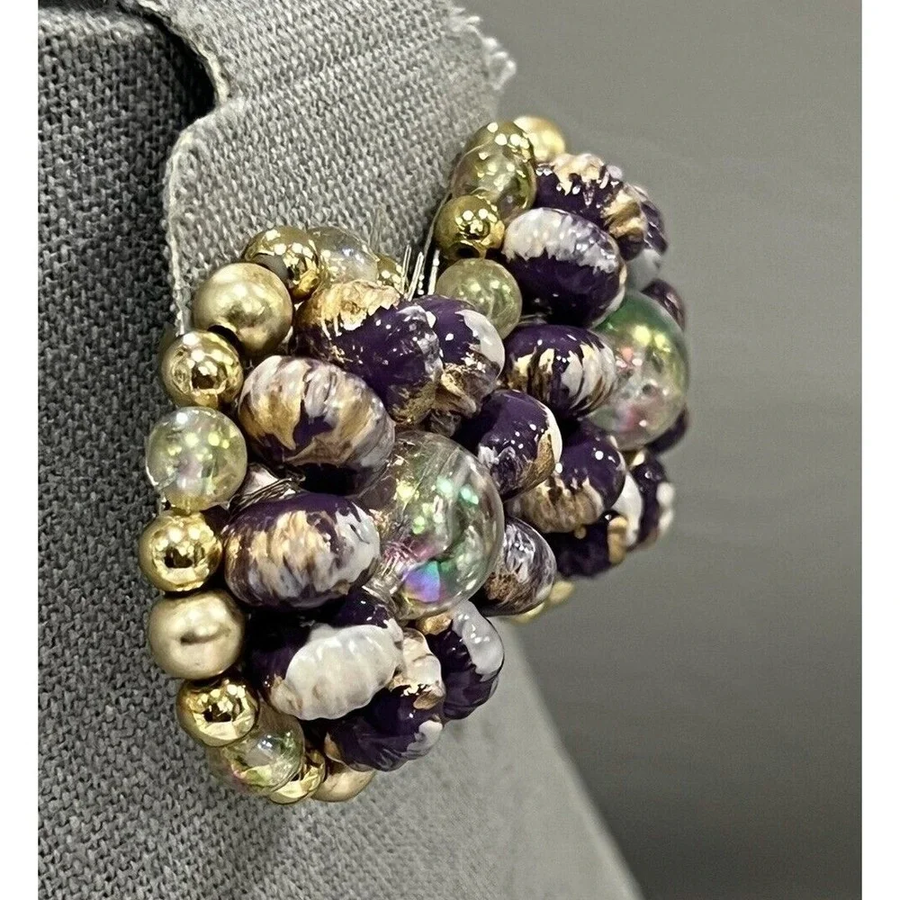 Vintage Purple Gold Beaded Cluster Clip-On Earrings Iridescent Acrylic Statement
